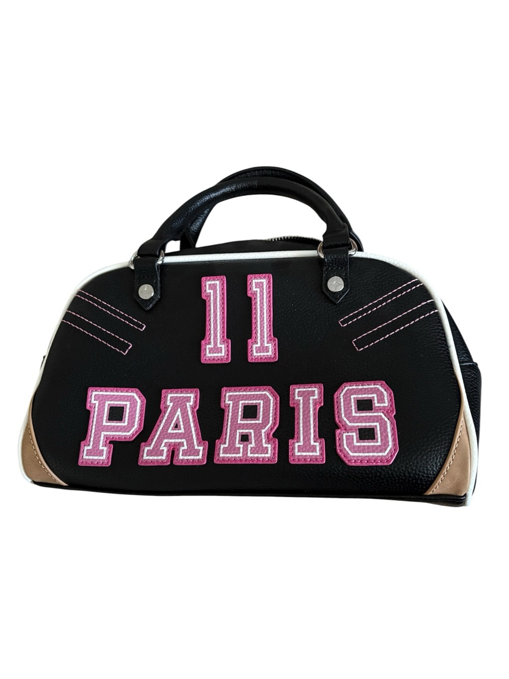 NWOT Paris Hilton Black '11 Paris' Leather Satchel Bag with Pink Appliqué